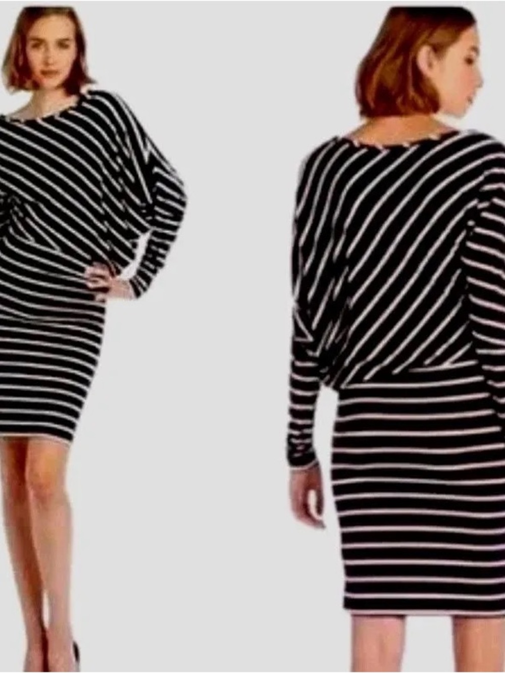 BCBGMaxAzria Black and White Striped Long Sleeve Batwing Dress